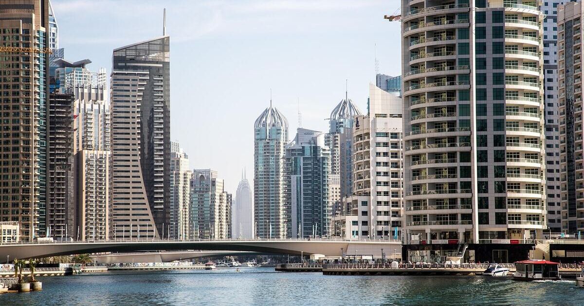 Dubai Marina towers and the marina walk on a sunny day
